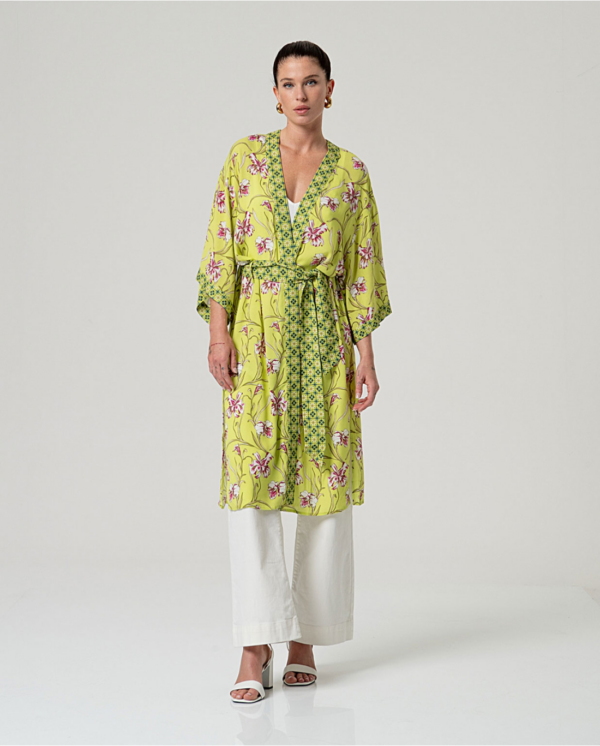 Kimono fluido con fantasia verde acido